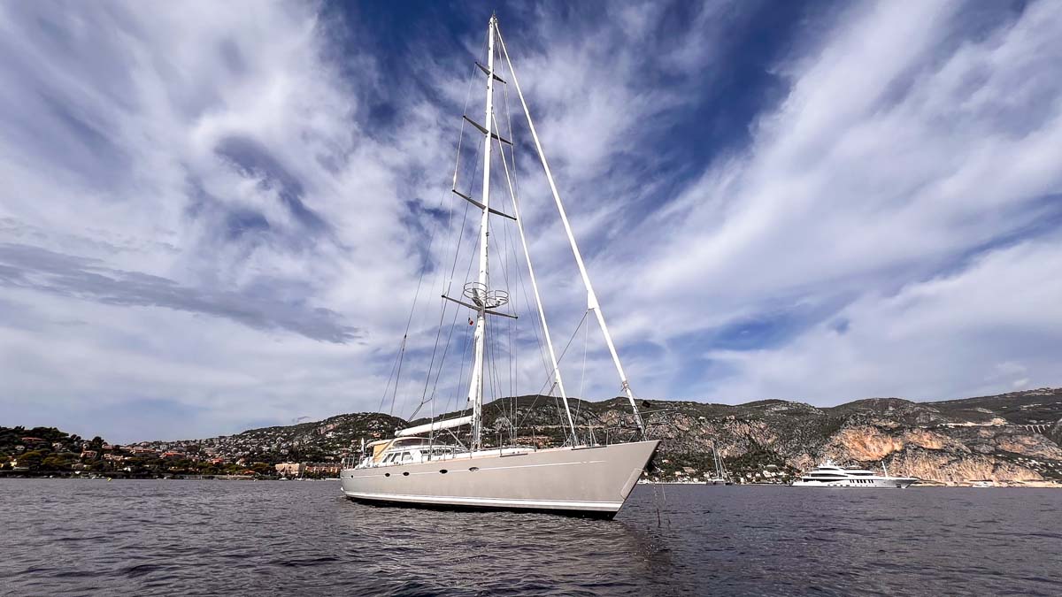 30.5-metre sailing yacht JERSEY PEARL at anchor, South of France