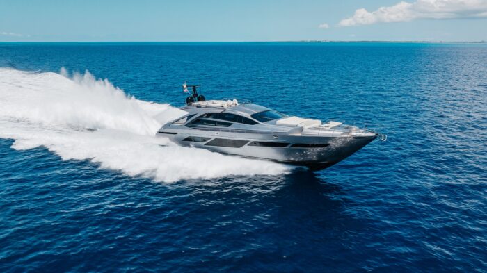 Pershing 9X yacht TIME OFF underway at speed in the Bahamas